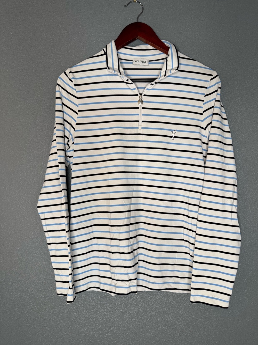 Golfino Womens L Golf Polo Shirt Striped Long Sleeve Quarter Zip White Blue